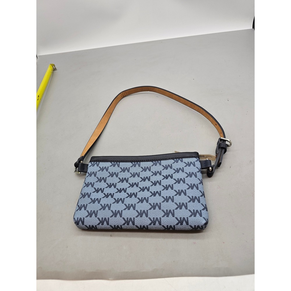 Michael Kors MK Monogram Jacquard Small Shoulder Bag Blue Navy Leather Trim
